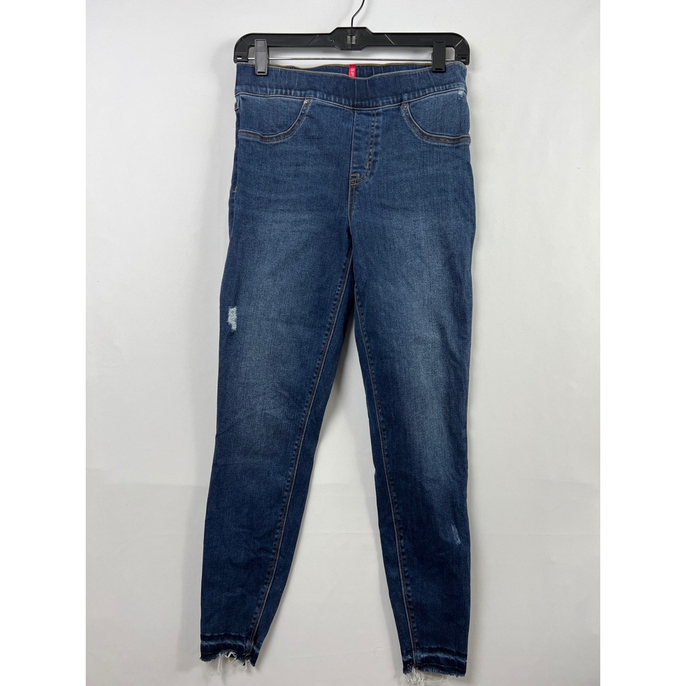Spanx Ankle Skinny Jeans Womens Size M Blue Distressed Raw Hem Pull On Jeggings